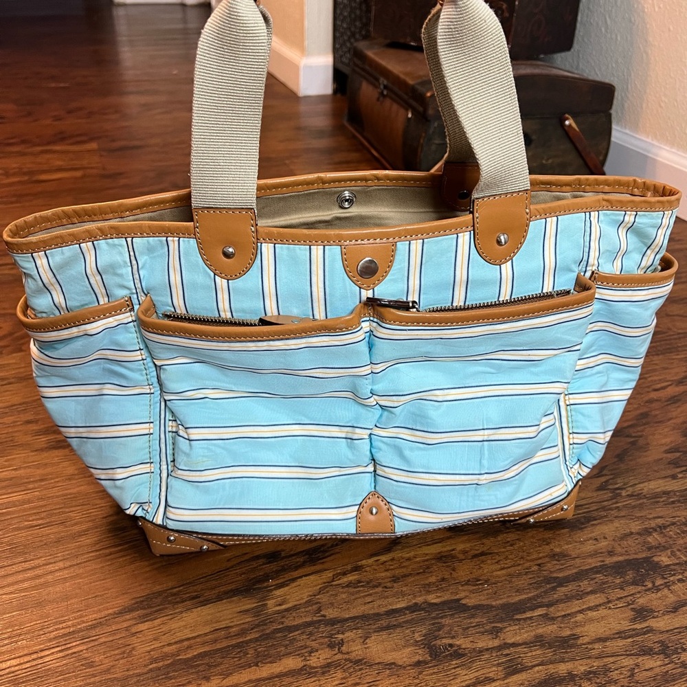 J.CREW Blue/White Striped Fabric Tote with Leather Trim-CUTE!
